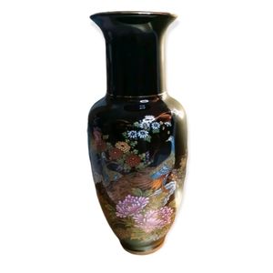 Peacock Vase Porcelain Black w 2 Beautiful Peacocks Floral Gold Rim Japan
